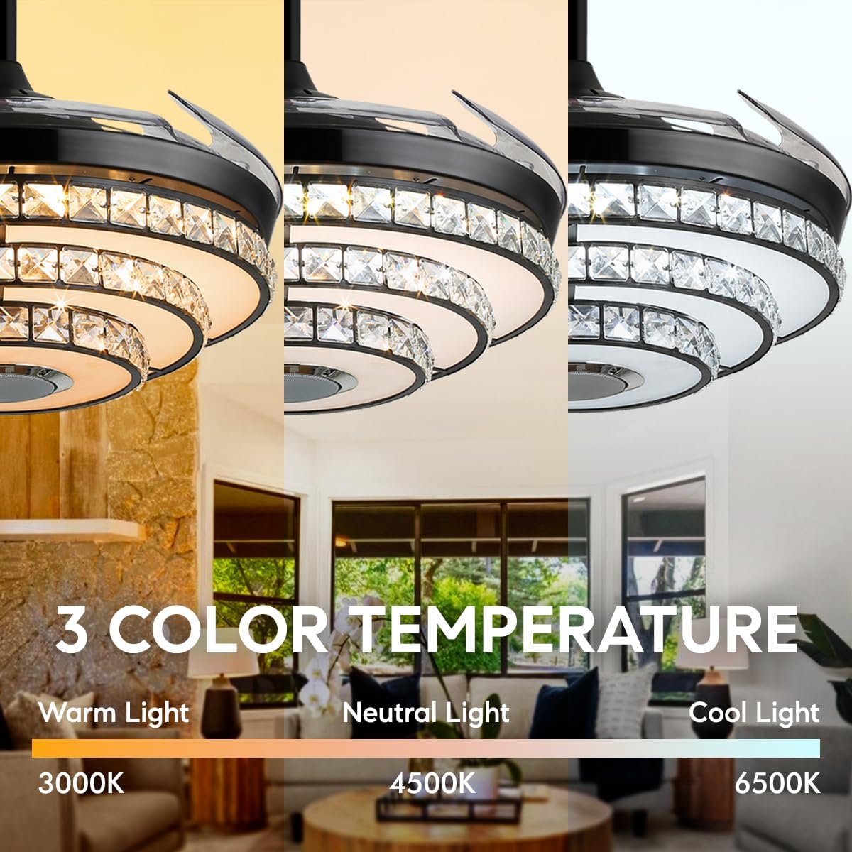42''Black Modern Crystal Ceiling Fan with Light, 3 Speeds Changes 7 Colors Dimmable Fandelier Bluetooth Speaker Music Ceiling Fans Modern 2 Layers Crystal Light Fixture for Bedroom,Living Room
