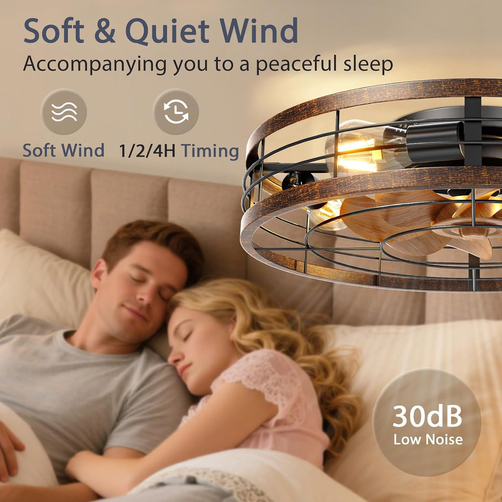 VOLISUN Farmhouse Caged Ceiling Fans with Lights Flush Mount, 23.6'' Rustic Low Profile Ceiling Fan with Light and Remote, Bladeless Fandelier Ceiling Fans with Lights for Kitchen, Bedroom-Gold
