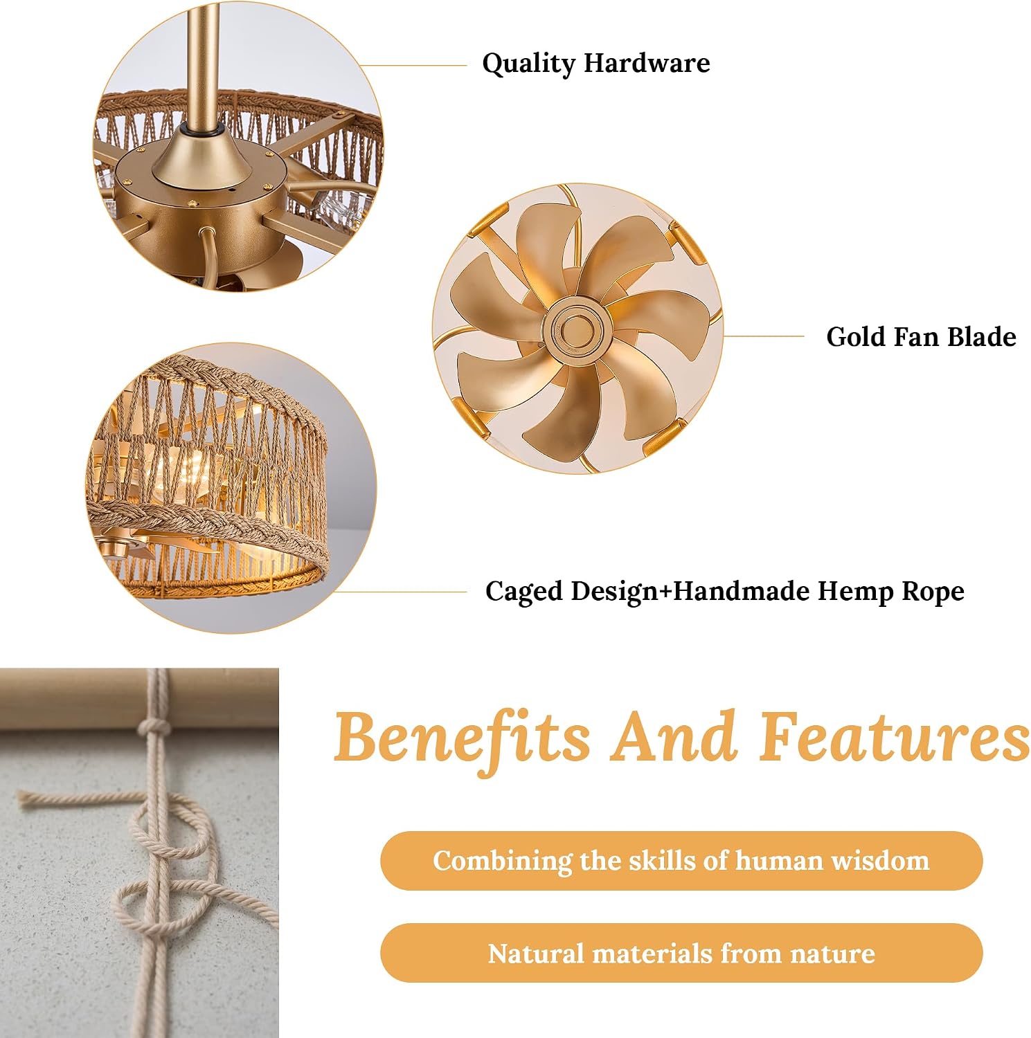 20 inch Gold Semi Flush Mount Rattan Ceiling Fan Light Fixture, Drum Shade with 7 Transparent Blades,Remote Control, E26 Base, Reversible Motor, Farmhouse Boho Style