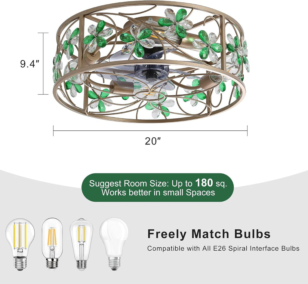 Ceiling Fans with Lights and Remote Flower Crystal Low Profile Ceiling Fan Bedroom Fan w. 6 Speeds Reversible Motor Bladeless Flush Mount Fan Light for Living Room ,Dinning Room,Entrance,Gold