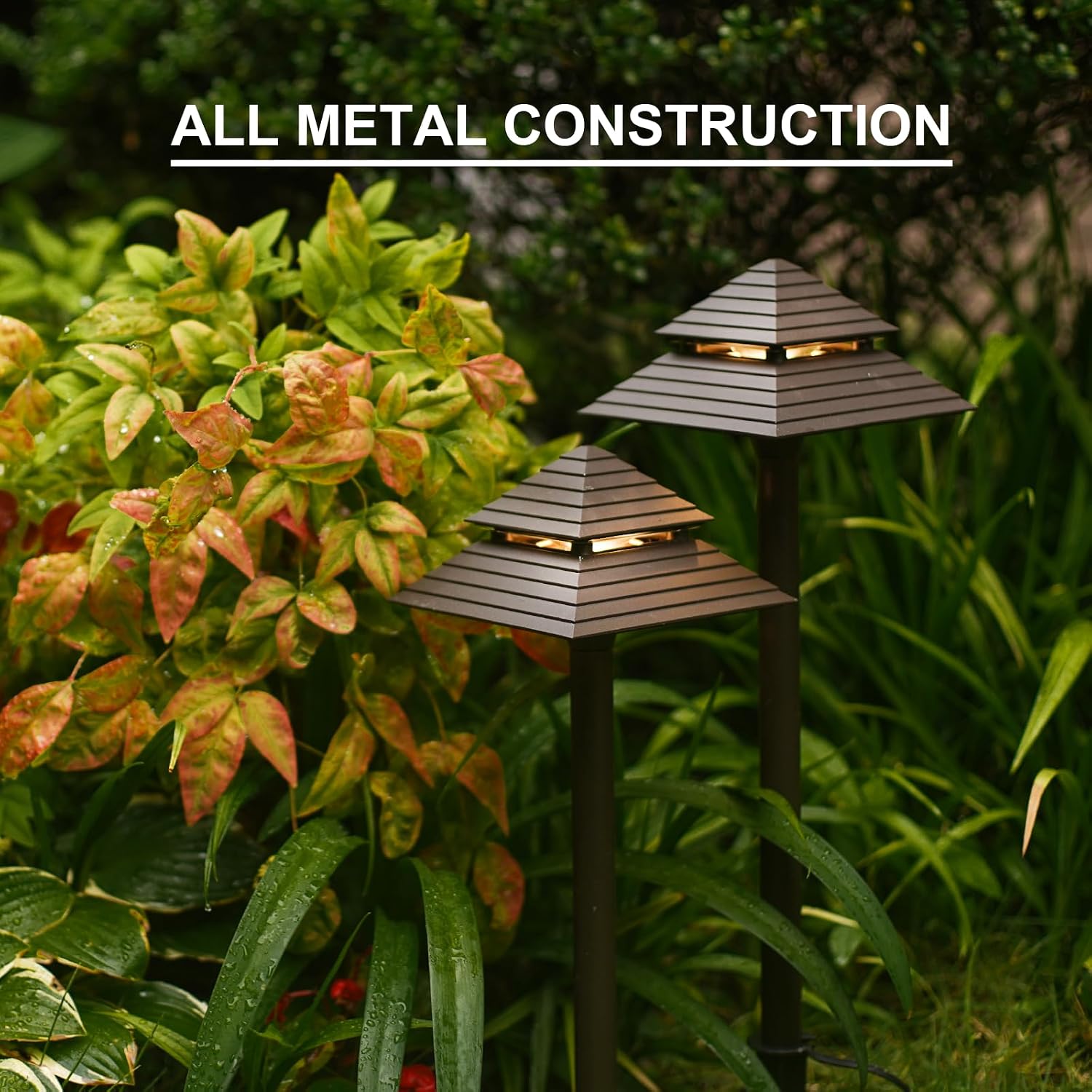 GOODSMANN Landscape Lighting 8PK Low Voltage Outdoor Path Lights 2-Tier Pagoda Landscape Path Lights Pathway Lights Wired 3W LED 180 Lumen 3000K Warm White Driveway Bronze Electric Pathway Light