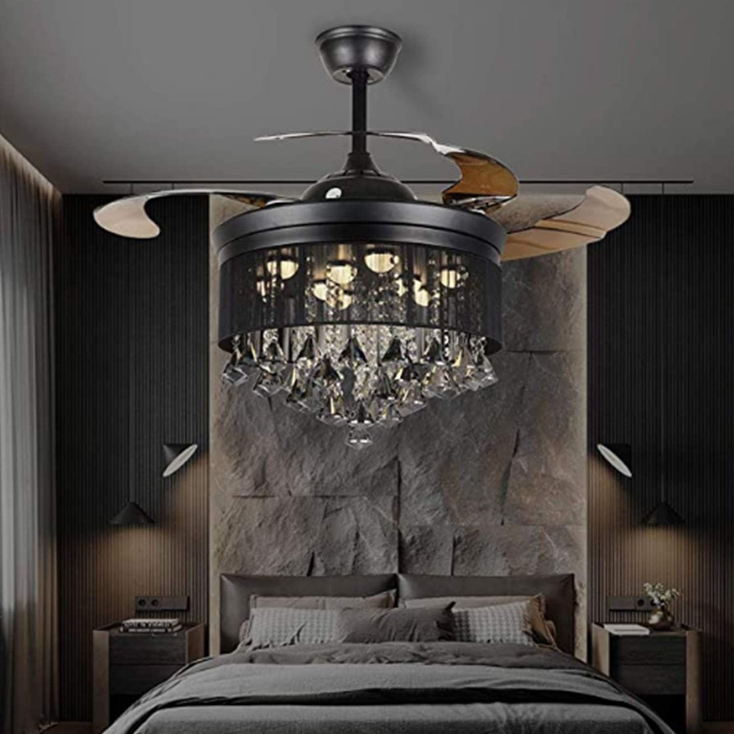 42 inches Fandelier Crystal Ceiling Fans Lights with Remote Control, Ceiling Fan Chandelier with 3 Colors 3 Speed Fan Chandelier with LED Lights for Living Room Bedroom, DS-FZ190, Black A
