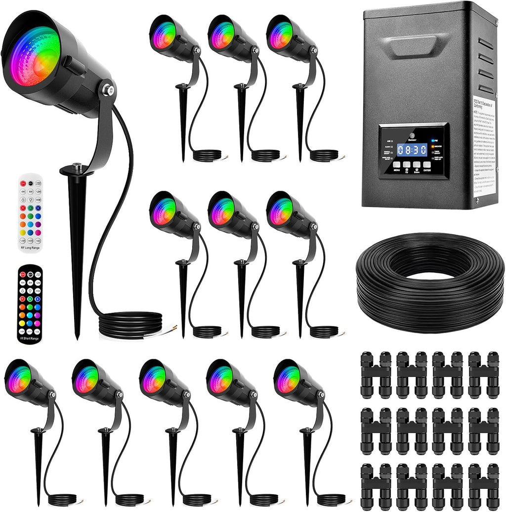 All-in-One RGBWW Low Voltage Landscape Lighting Kit, 12W LED Color Changing Landscape Lights with Remotes, Transformer and Wire, Outdoor Waterproof Spotlights for Yard Garden Festival Decor, 12-Pack
