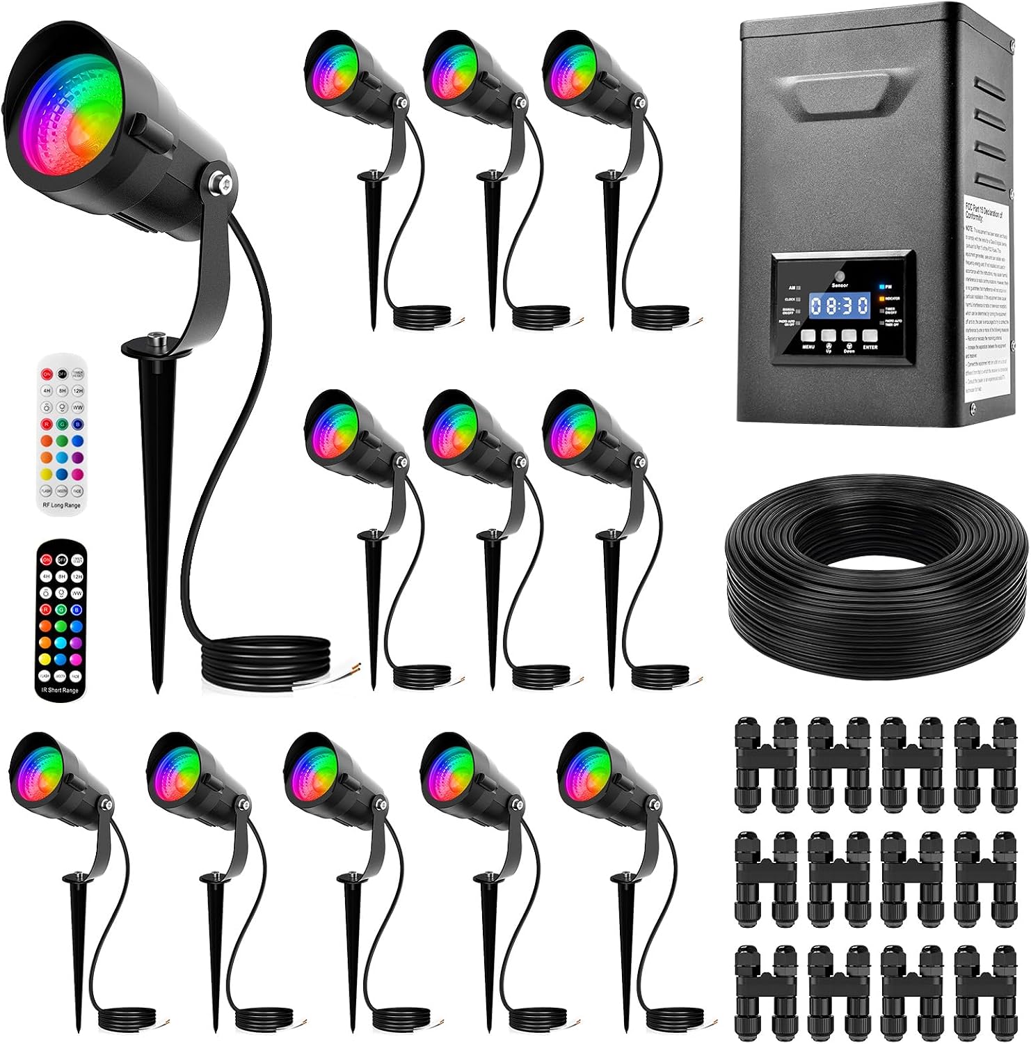 All-in-One RGBWW Low Voltage Landscape Lighting Kit, 12W LED Color Changing Landscape Lights with Remotes, Transformer and Wire, Outdoor Waterproof Spotlights for Yard Garden Festival Decor, 12-Pack