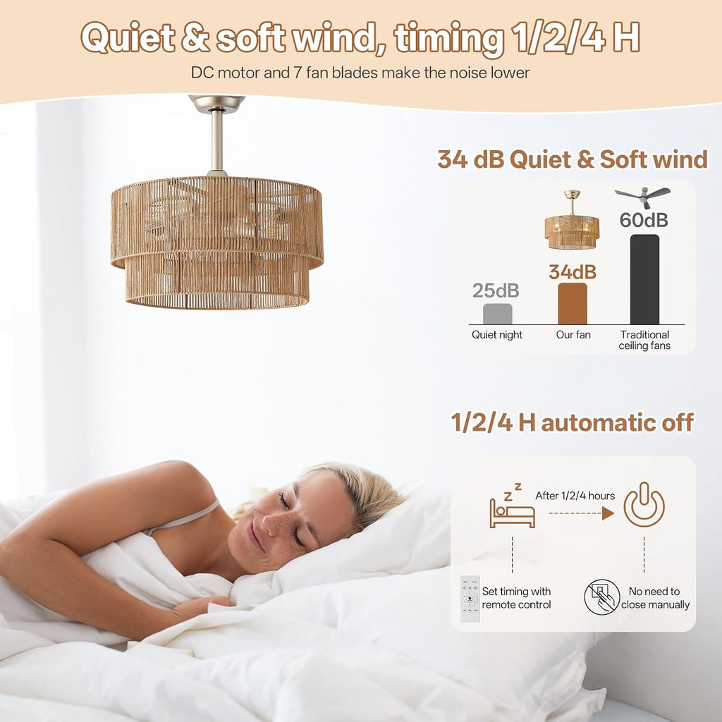20' Caged Boho Ceiling Fans with Lights, Rattan Fandelier Chandelier Ceiling Fan with Light Remote Control with 6 Speeds for Bedroom, Nursery