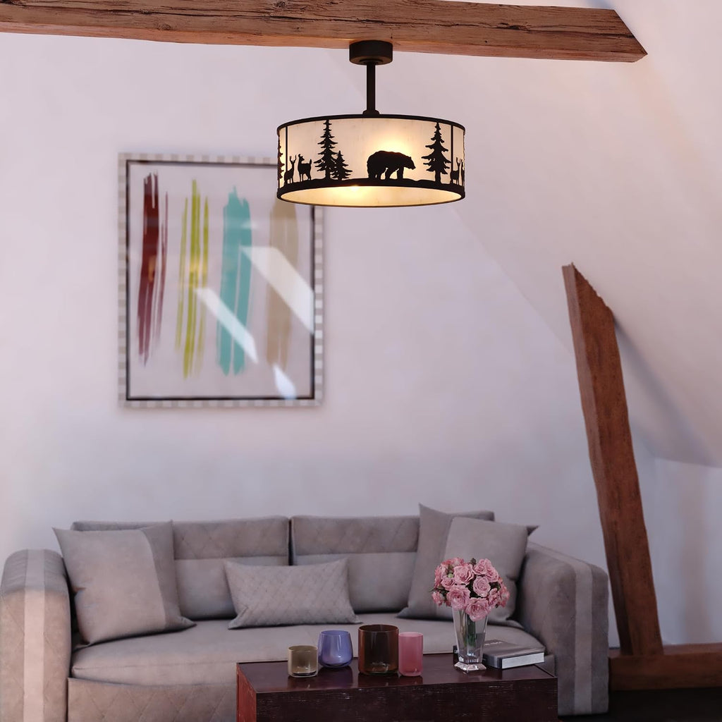 VAXCEL Acadia 20 in. Bronze Indoor Rod Mount Rustic Fandelier Ceiling Fan with Black Blades, Dimmable LED Light Kit and Remote Control Included, 3 Speeds, Wildlife White Linen Drum Shade