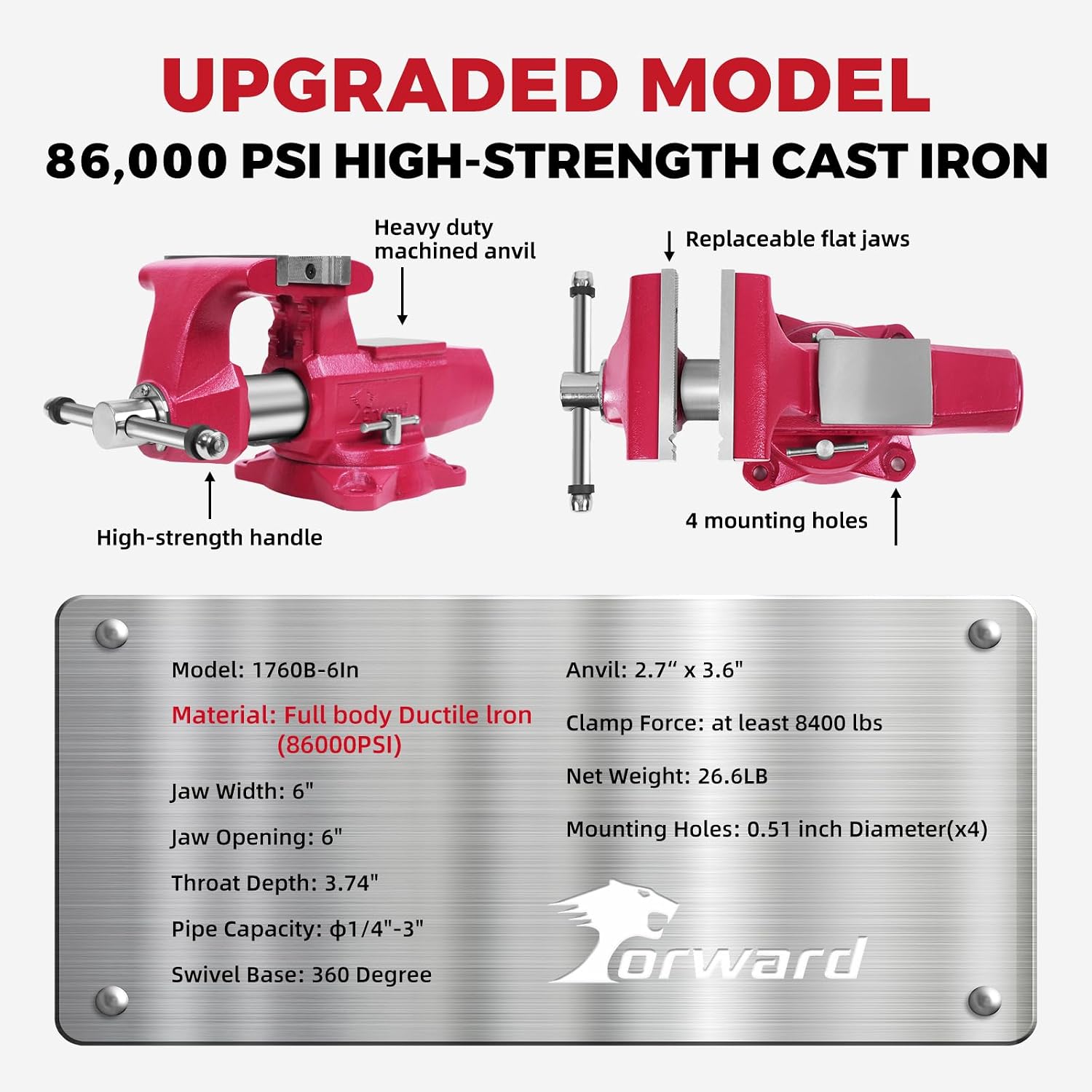 Forward Round Bench Vise 6 Inch, 1760B Economic Industrial Vice PRO with 360° Swivel Base, 6' Jaw Width, 6' Max Jaw Opening, 3-3/4' Throat Depth, 86,000PSI Ductile Iron