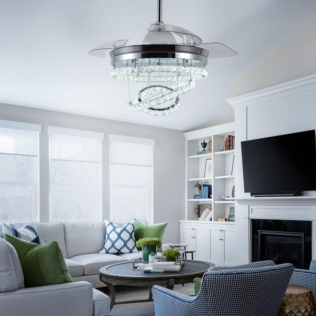 42' Dimmable Fandeliers Modern Crystal Invisible Chandelier Ceiling Fan With 3 LED Color Change Lights with Memory Function