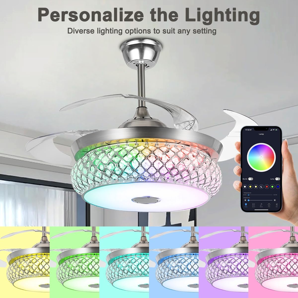42 Inch Crystal Ceiling Fans with Lights Retractable Fandelier with Remote Control with 3 Colors 3 Speed Chandelier Fan for Living Room Dining Room Bedroom，Silver