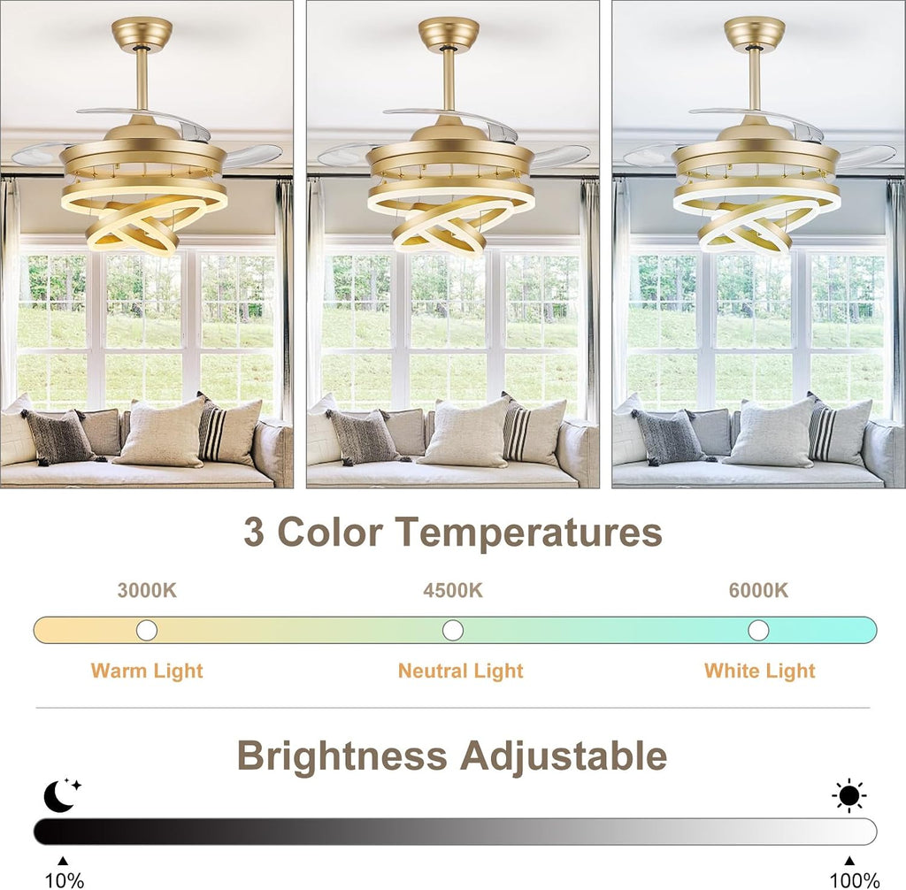 42 Inch Retractable Ceiling Fan with Lights, Gold Fandelier Ceiling Fans with Light and Remote, Reversible, 6 Speed Dimmable LED Chandelier Ceiling Fan for Bedroom Living Room Dining Room, 3000K-6000K