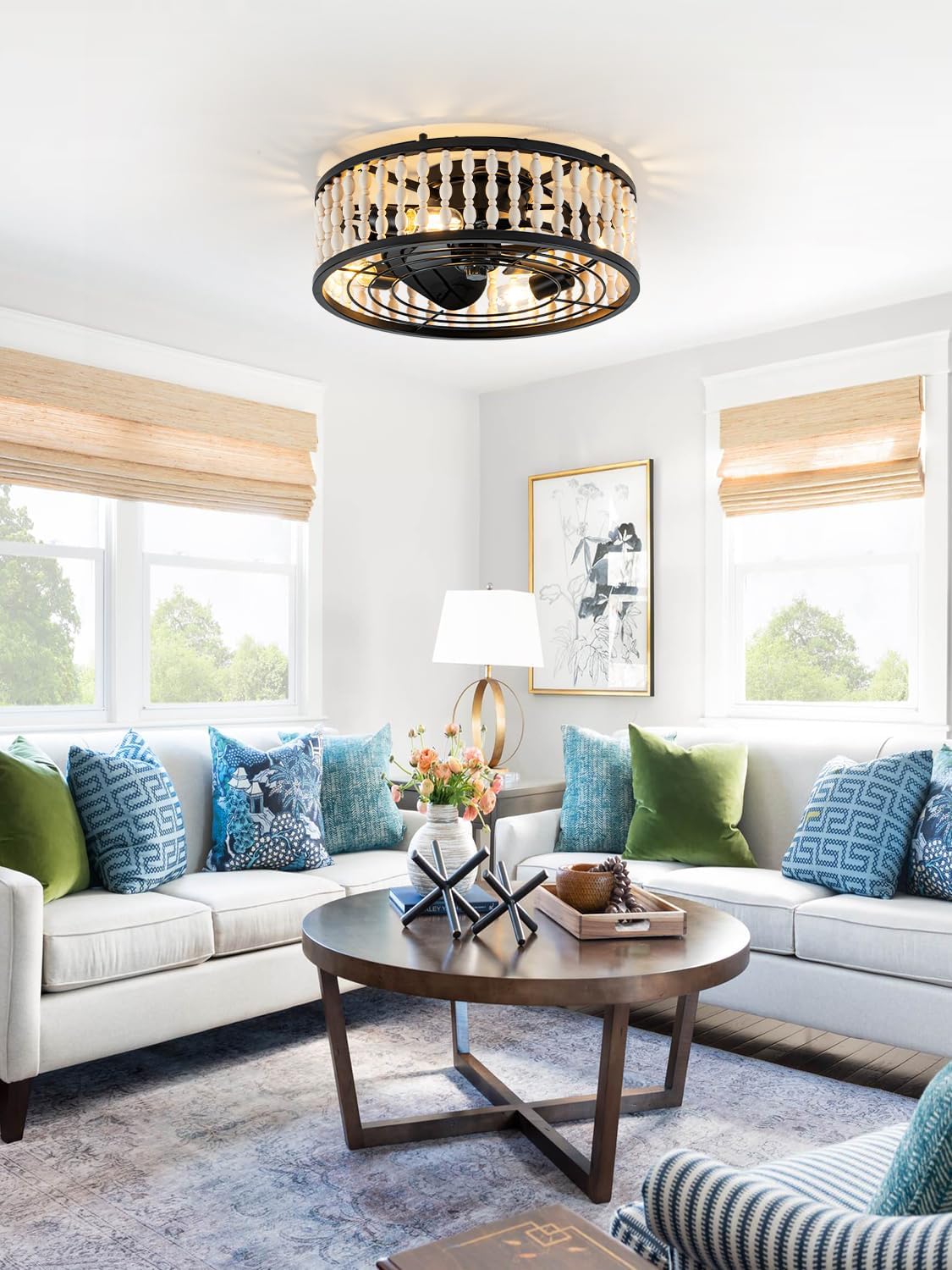 20' Boho Ceiling Fan with Light, Farmhouse Wood Beaded Ceiling Fanwith Remote, Flush Mount/Low Profile/6-Speed/Timer/3 CCT/Quiet DC Motor/Reversible
