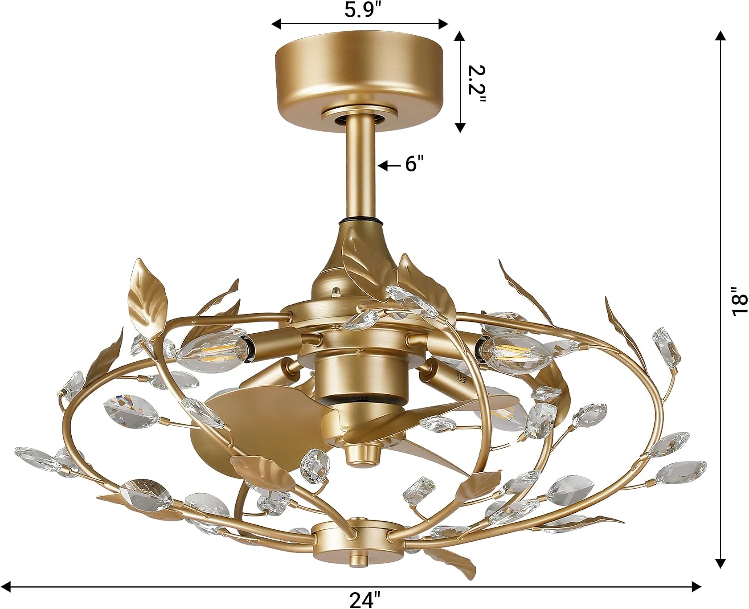 24' Gold Chandelier Ceiling Fans with Lights and Remote, Modern Crystal Leaf Caged Ceiling Fan, Quiet 6-Speed Reversible DC Motor, Dimmable Small Low Profile Ceiling Fan for Bedroom, Dining Room, E12
