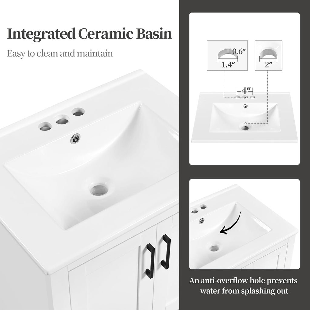 Yaheetech 24.5' Modern Bathroom Vanity with Ceramic Basin, Undermount Vanity Sink Cabinet with 2 Doors and 1 Drawer, Free Standing Bathroom Storage Cabinet with Sink Combo Set, White