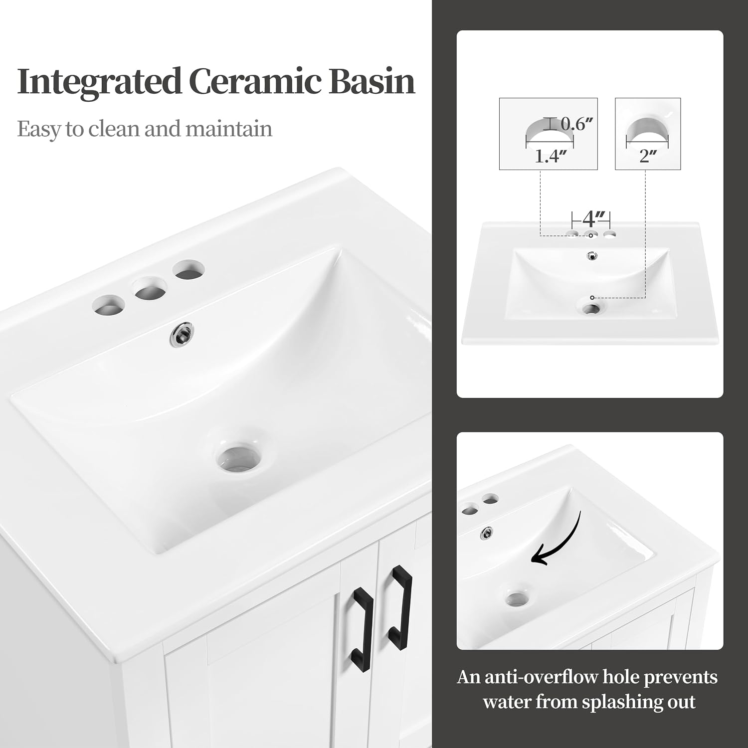 Yaheetech 24.5' Modern Bathroom Vanity with Ceramic Basin, Undermount Vanity Sink Cabinet with 2 Doors and 1 Drawer, Free Standing Bathroom Storage Cabinet with Sink Combo Set, White