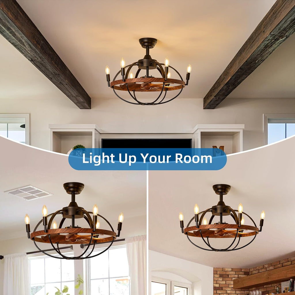 27.6' Farmhouse Ceiling Fan with Light and Remote Control, Vintage Cage Candle Chandelier Fans Rustic Enclosed Bladeless Fandelier for Kitchen Dining Room Living Room