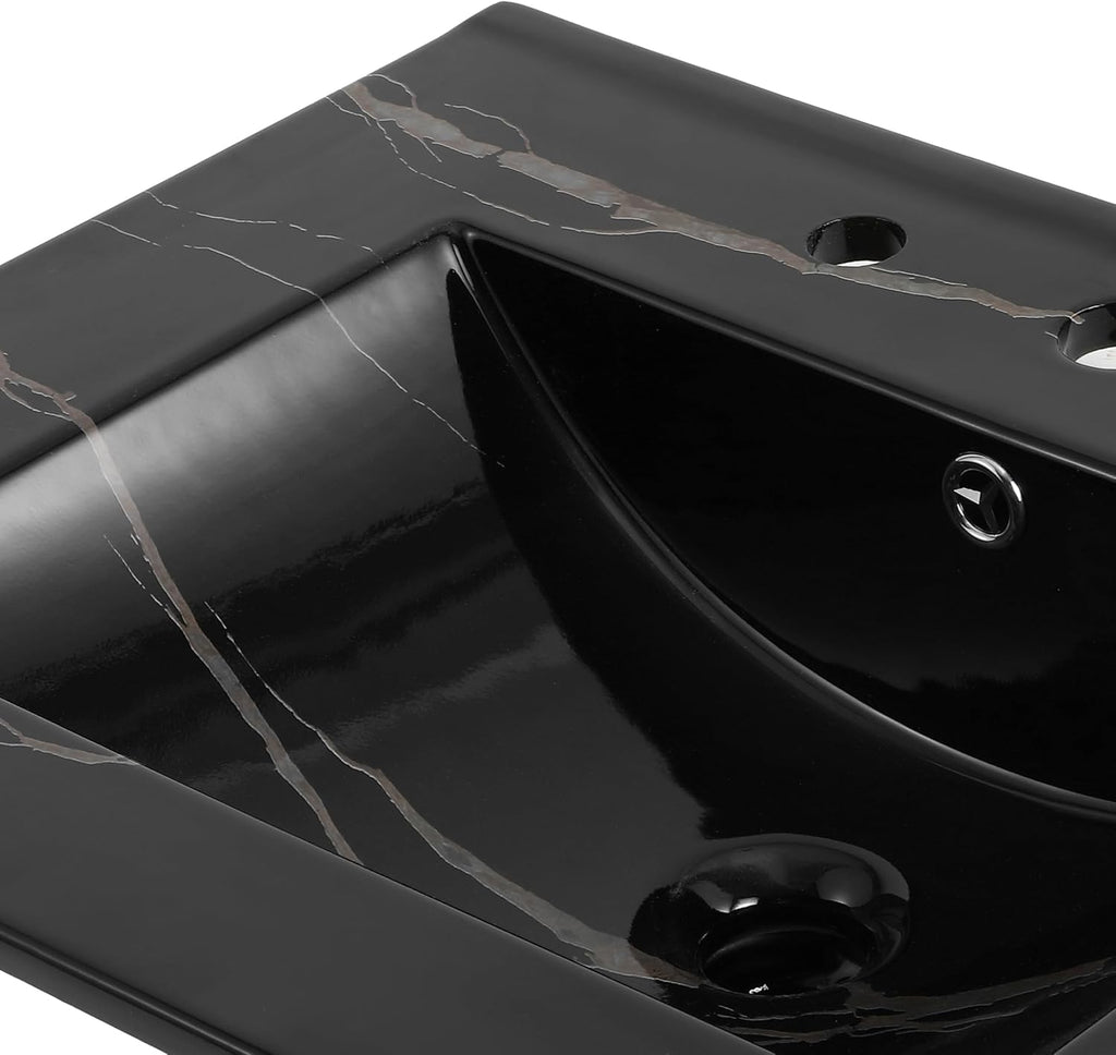 JONATHAN Y Ancillary 24 in. W x 18.25 in. D Ceramic Vanity Sink Top with 3-Hole Rectangular Single Sink Basin, Black Marble Effect SNK1001D