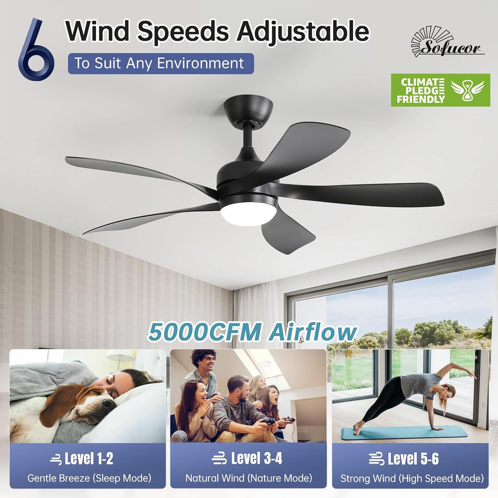 Sofucor 52 Inch Ceiling Fan with Light, Modern Ceiling Fan with Dimmable Memory LED - Quiet DC Motor, 6 Speeds 5000CFM, Timer, Reversible, for Living Room Bedroom, ETL, 5 Plastic+ABS Blades, Black