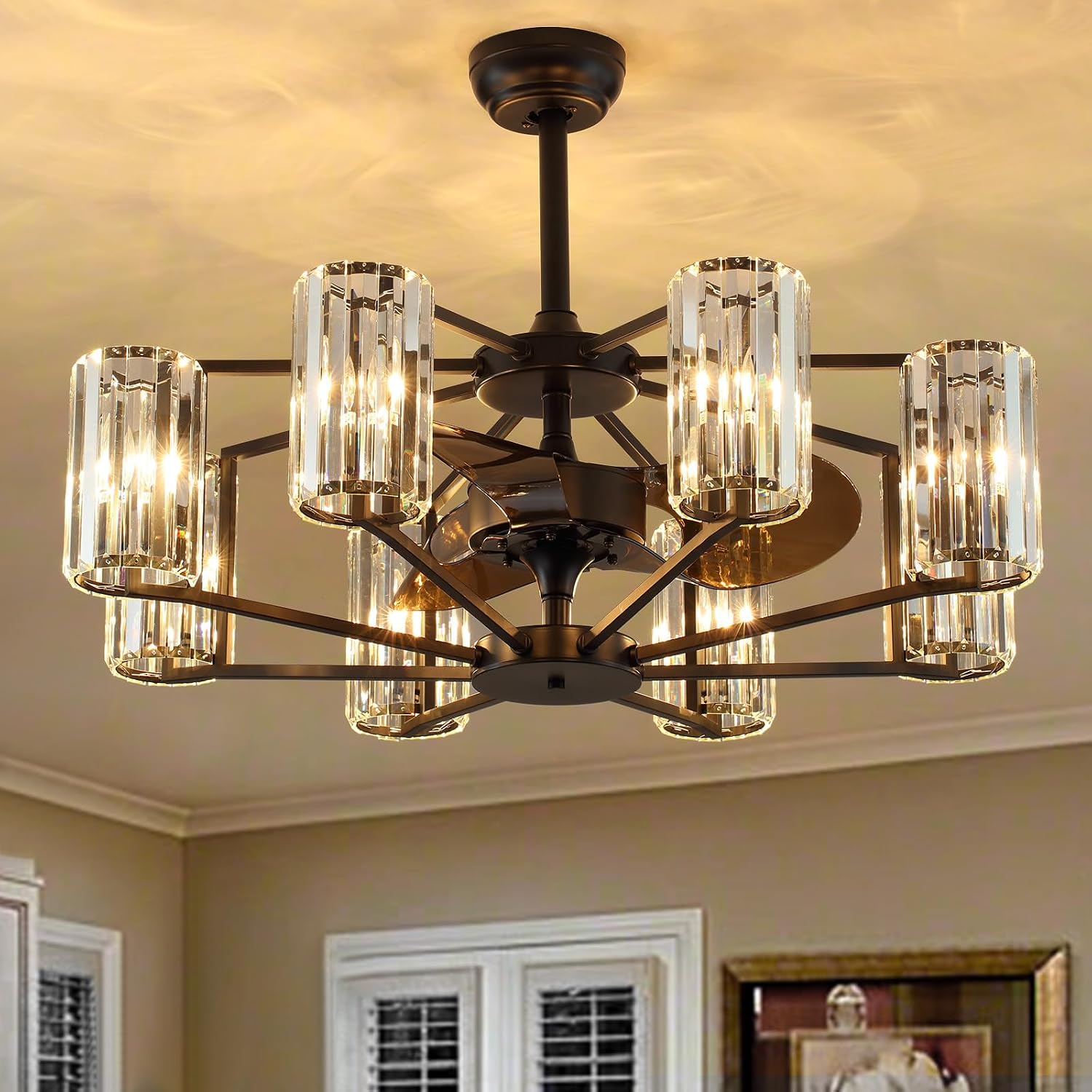 Crystal Chandelier Ceiling Fan Vintage Fandelier Luxury Caged Ceiling Fan with Light and Remote for Dining Room Living Room Bedroom Kitchen Farmhouse Entry, Black, Dia 34 inch, 8 Lights