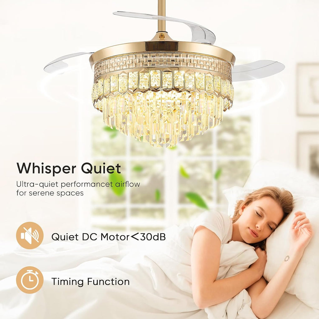 42' Chandelier Ceiling Fan with Lights,Crystal Fandelier Ceiling Fan with Retractable Blades,Chandelier Fans for Bedroom Living Room,6 Speeds,3 Color Temperatures,Remote & APP Control-Gold