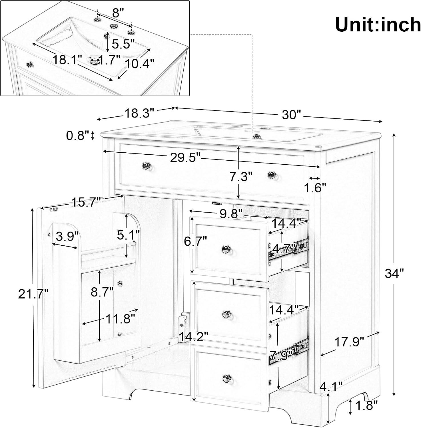 30' Bathroom Vanity Cabinet with Ceramic Sink Top Set, Two Drawers with Slides, Soft Closing Doors, Freestanding, Solid Wood Frame & MDF Board, White