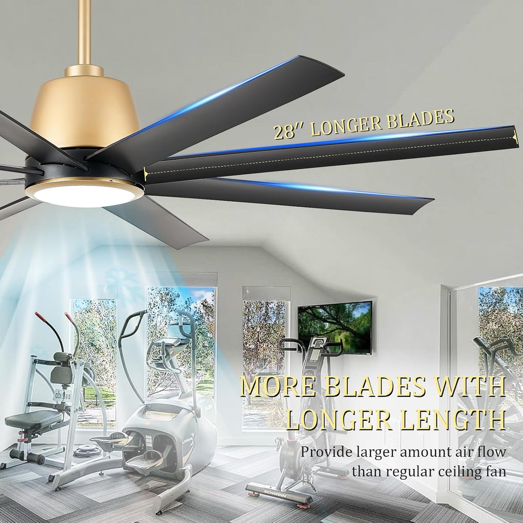 65in Black & Gold Ceiling Fan with Lights 8-Blade Outdoor Ceiling Fan for Patio Ceiling Fan Light with Remote Control, Reversible Airflow Ceiling Fan for Garage Master Bedroom