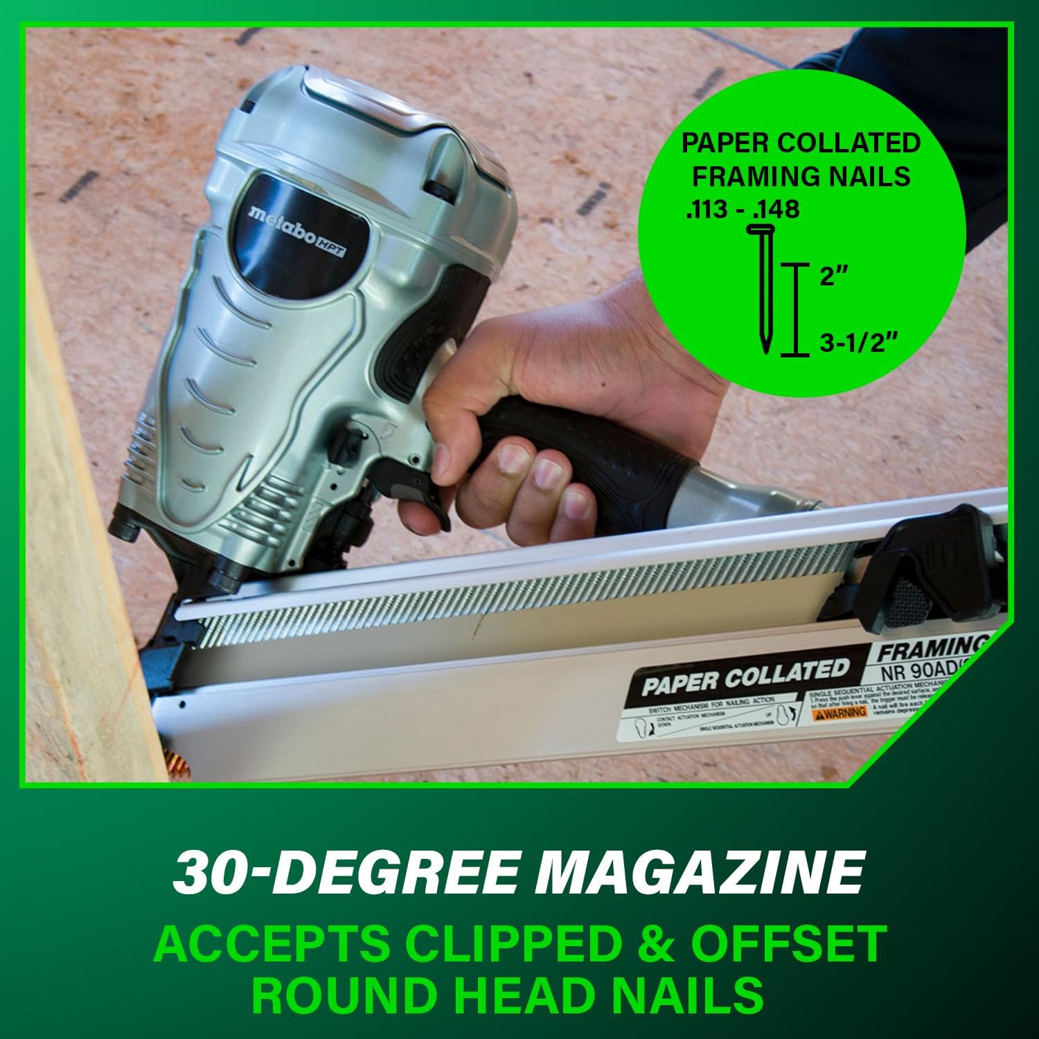 Metabo HPT Framing Nailer, Pro-Preferred Framing Tool for Flooring, Truss Build-Up, Roof Decking, and Housing Construction, Quick Switch Nailing, 3-1/2' 30° Paper Collated Nails, NR90ADS1