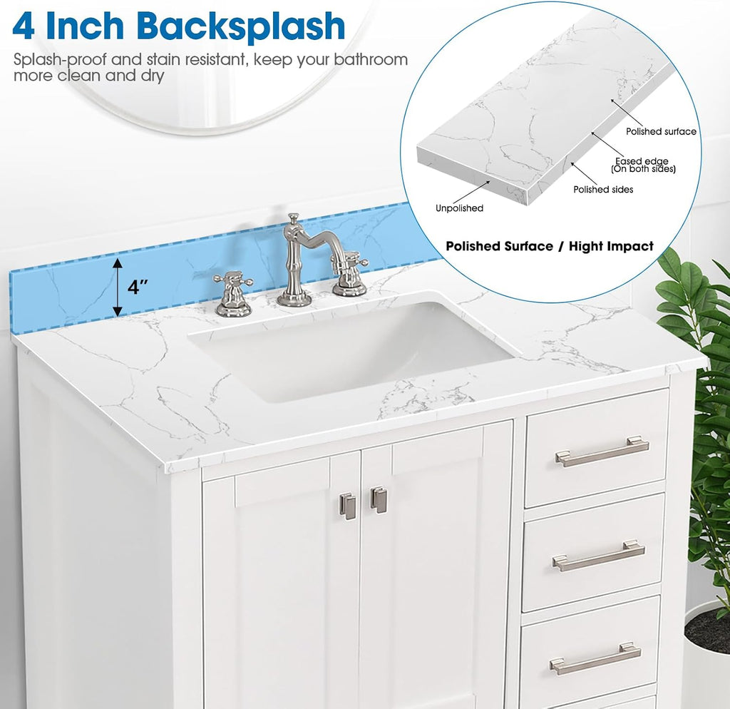 36 Inch Engineered Stone Bathroom Vanity Sink Top, with Undermount Rectangular Middle Sink, Vanity Countertop with 8 inch Faucet Hole Spacing and Backsplash in Lightning White