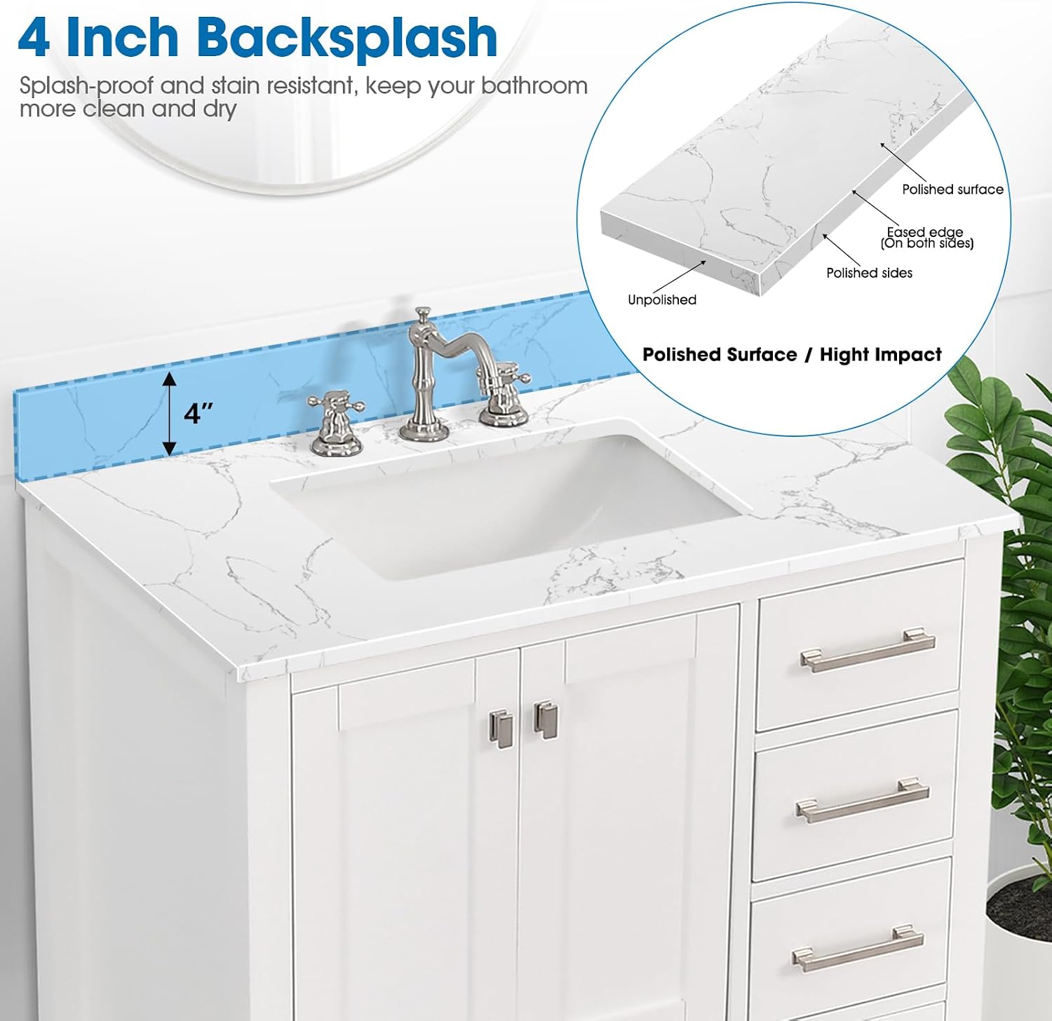 36 Inch Engineered Stone Bathroom Vanity Sink Top, with Undermount Rectangular Middle Sink, Vanity Countertop with 8 inch Faucet Hole Spacing and Backsplash in Lightning White