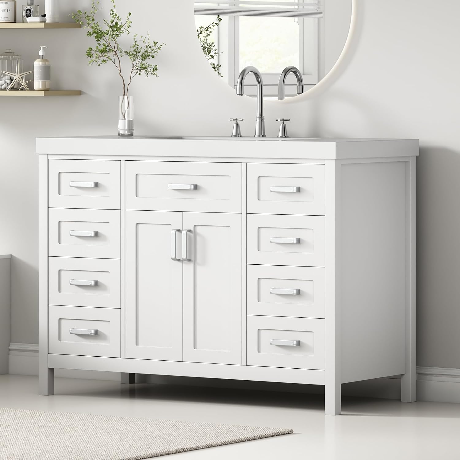 48' Bathroom Vanity Sink Top Only, Predrilled 3 Faucet Holes Fit for 8' Faucet(Not Included), Chrome-Finish Overflow,White