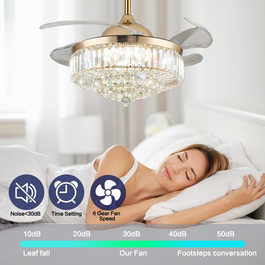 36' Dimmable Gold Fandelier Crystal Ceiling Fans with Lights and Remote, Modern Chandelier Ceiling Fan with Invisible Retractable Blades for Bedroom Living Room 6 Speed