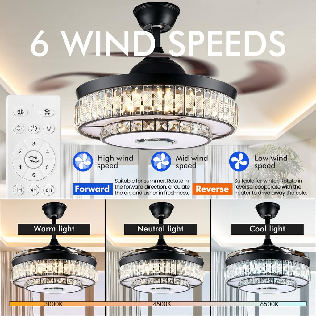 42' Bluetooth Chandelier Ceiling Fan with Light, Fandelier with Reversible Motor, Modern Retractable Ceiling Fan Light and Music Speaker RGB Color Change with Remote Control for Living Room/Bedroom