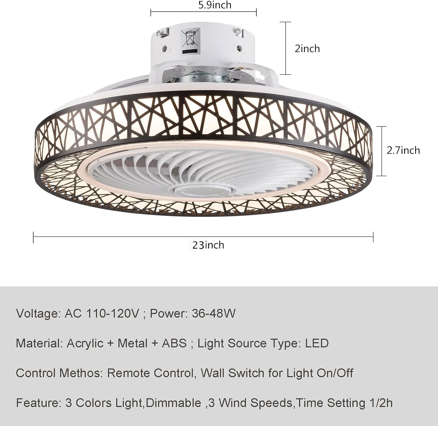 TFCFL 23 Inch Ceiling Fan with Light and Remote Control,Design LED Semi Flush Mount Light Fandelier Ceiling Chandelier,3 Lights 3 Speeds,Quiet Motor,for Home Living Room