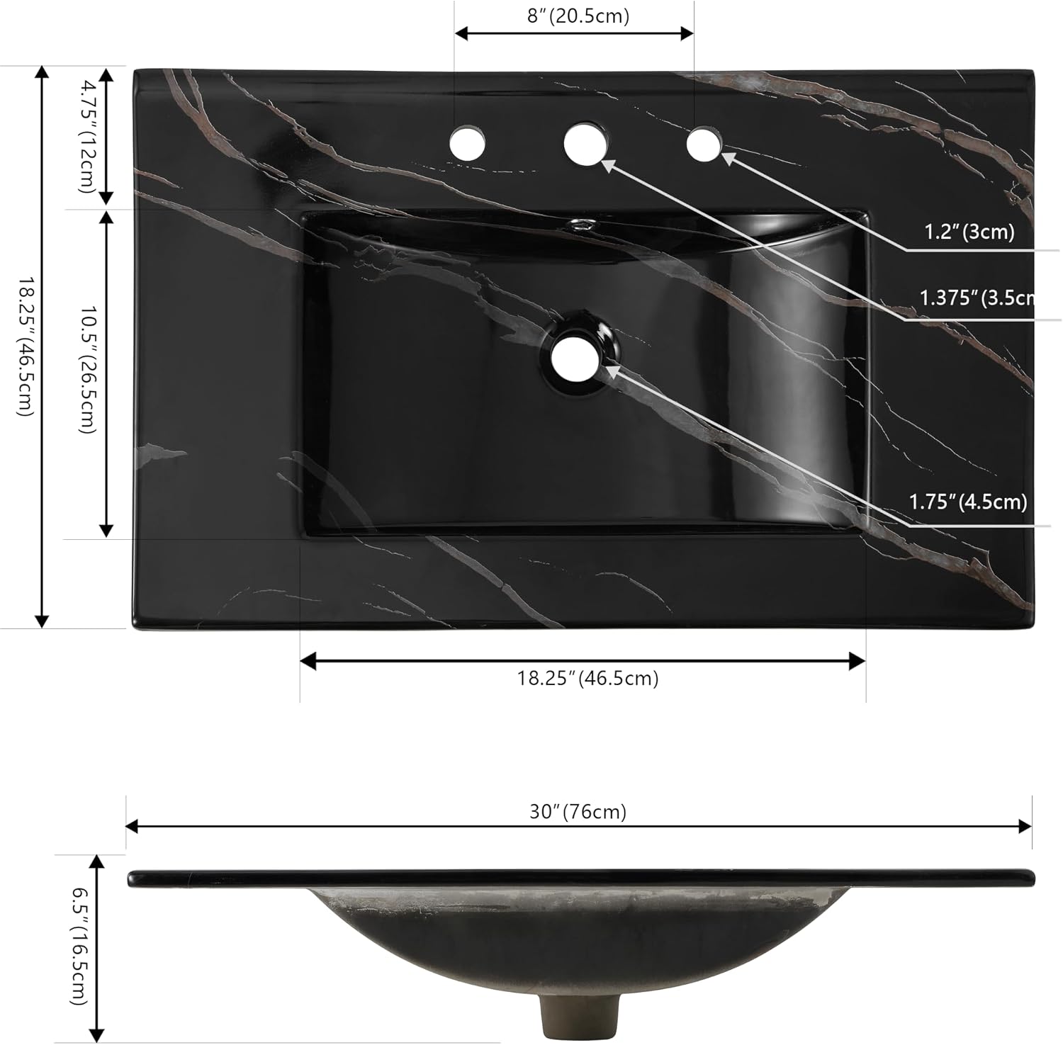 JONATHAN Y Ancillary 30 in. W x 18.25 in. D Ceramic Vanity Sink Top with 3-Hole Rectangular Single Sink Basin, Black Marble Effect SNK1002D
