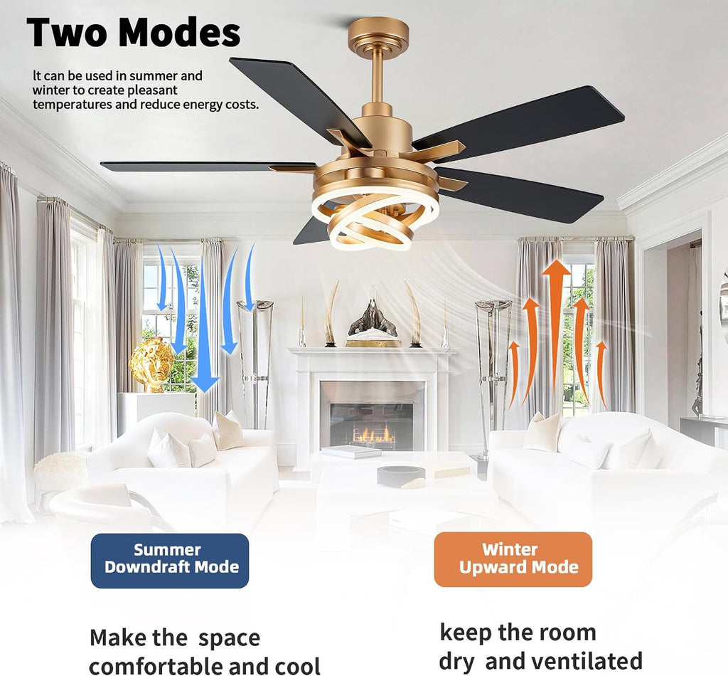 52' Ceiling Fans with Lights,Chandelier Fan with 6-Speed Dimmable LED and Reversible DC Motor,DIY Rings LED,Fandelier Ceiling Fan with 5 Dual Finish Blades for Living Room/Bedroom