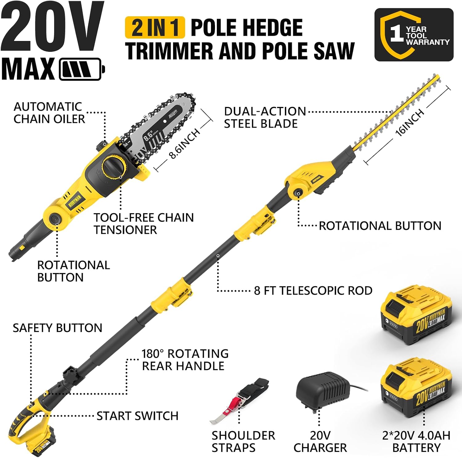 Alloyman 2-in-1 Telescopic Cordless Pole Hedge Trimmer 16-Inch and Pole Saw 8.6-Inch,with 2 Packs 4.0Ah Batteries & Charger,for Tree Trimming and Shrubs Pruning