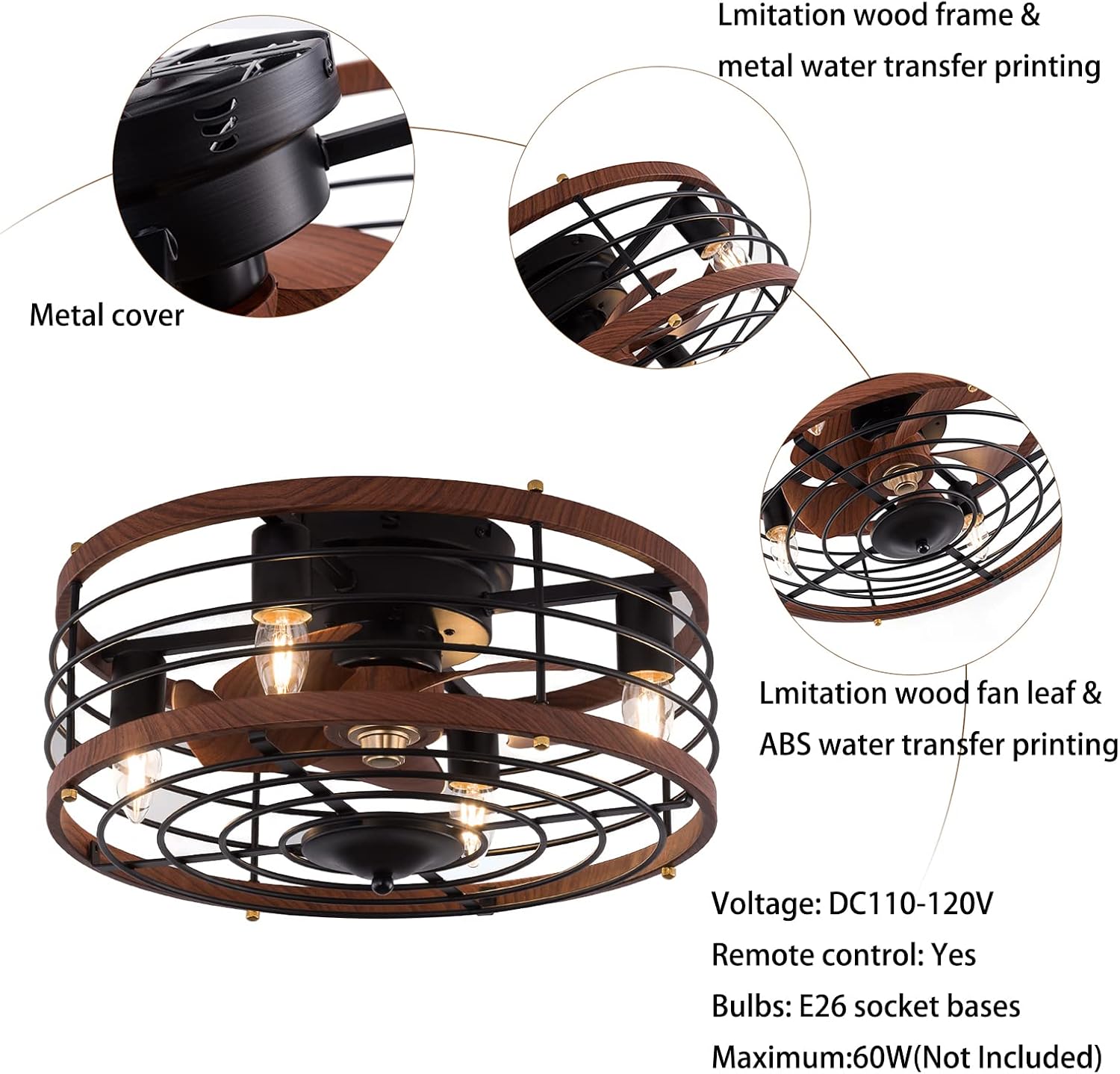 18' Caged Ceiling Fan with Light Flush Mount, Modern Farmhouse Fandelier with Timer & Control, 3-Speed, Ceiling Fan Light Fixture for Kitchen Bedroom Office Dark Brown 110V E26*4