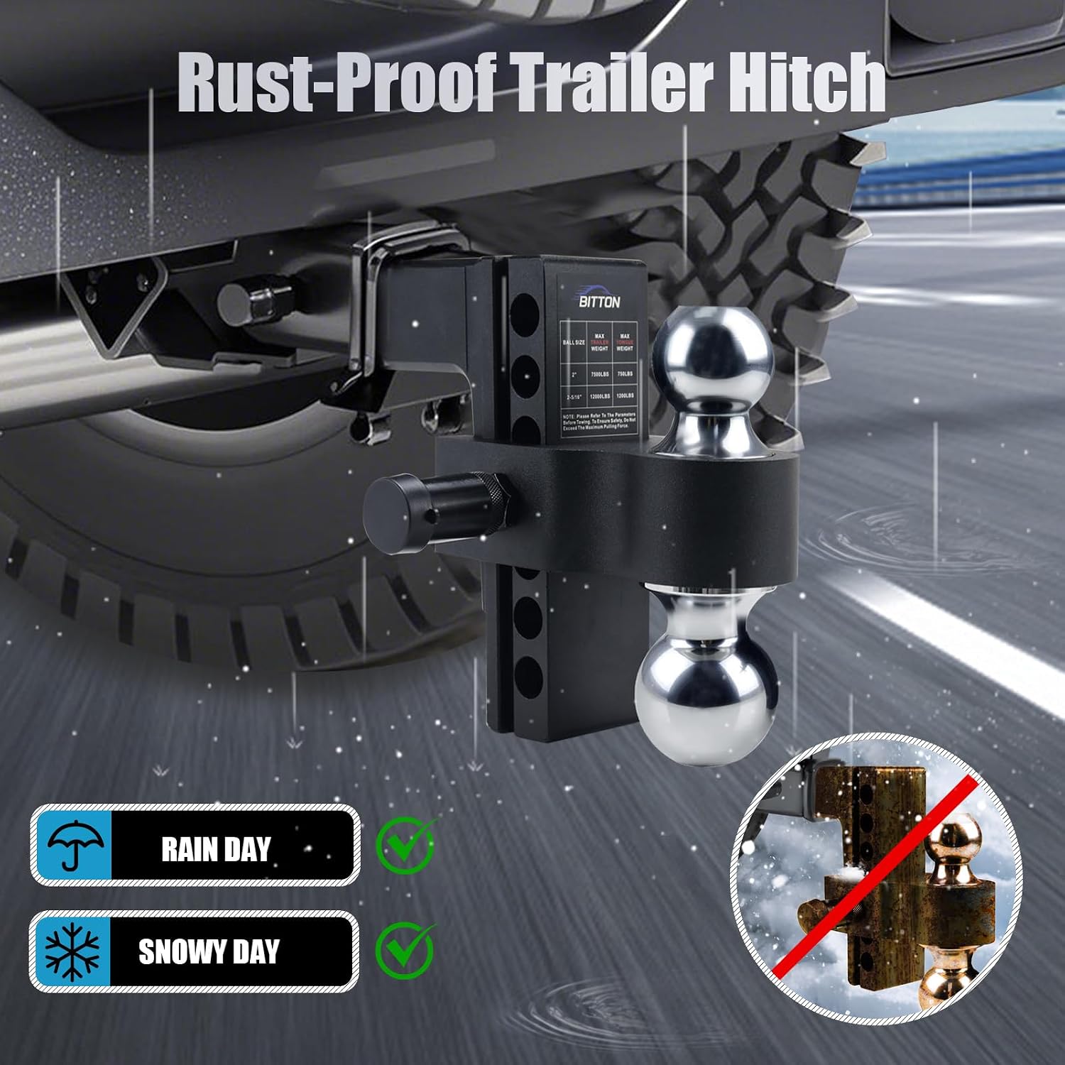 Adjustable Trailer Hitch Ball Mount Hitch, 6' Drop Lift Ball Hitch for 2 and 2.5 Inch Receiver, 12000 LBS Heavy Duty Aluminum Alloy Dual Towing Ball (2' x 2-5/16') with Anti-Theft Locking Pin Hitch