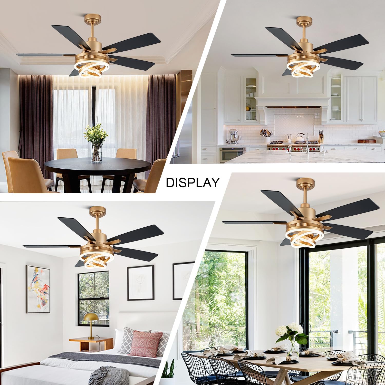 52' Ceiling Fans with Lights,Chandelier Fan with 6-Speed Dimmable LED and Reversible DC Motor,DIY Rings LED,Fandelier Ceiling Fan with 5 Dual Finish Blades for Living Room/Bedroom