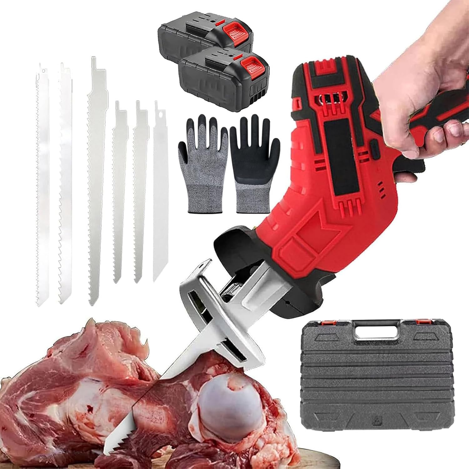 Electric Reciprocating Saw, Cordless Saw with 6replaceable Saw Blades,1pairs Gloves,Handheld,Lightweight Body,Led Auxiliary Lighting,for Wood,Metal Cutting&Meat Bone,2batteries