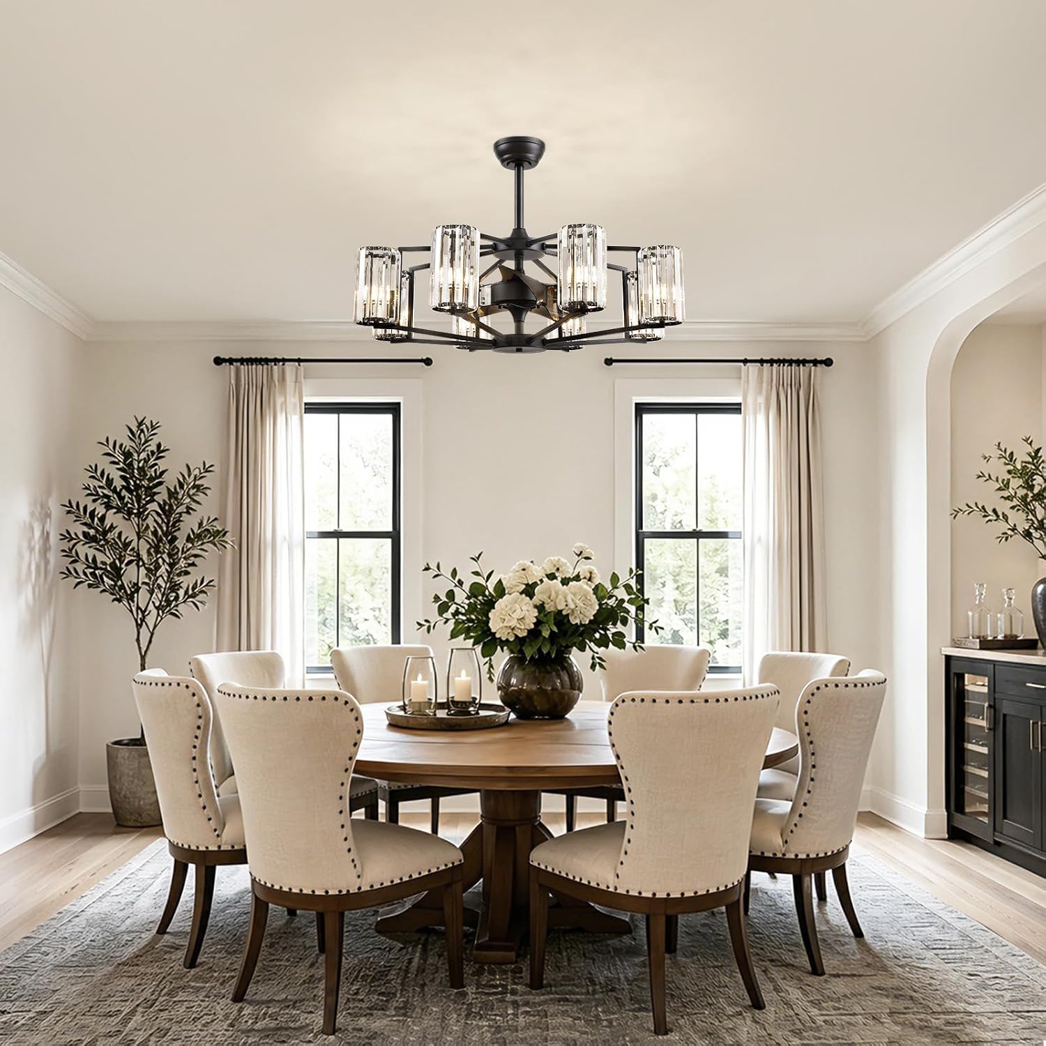 36' Large Crystal Fandelier Dimmable 6-Light Vintage Flush Mounted Chandelier Ceiling Fan Black Ceiling Fans with Lights and Remote for Dining Living Room Kitchen