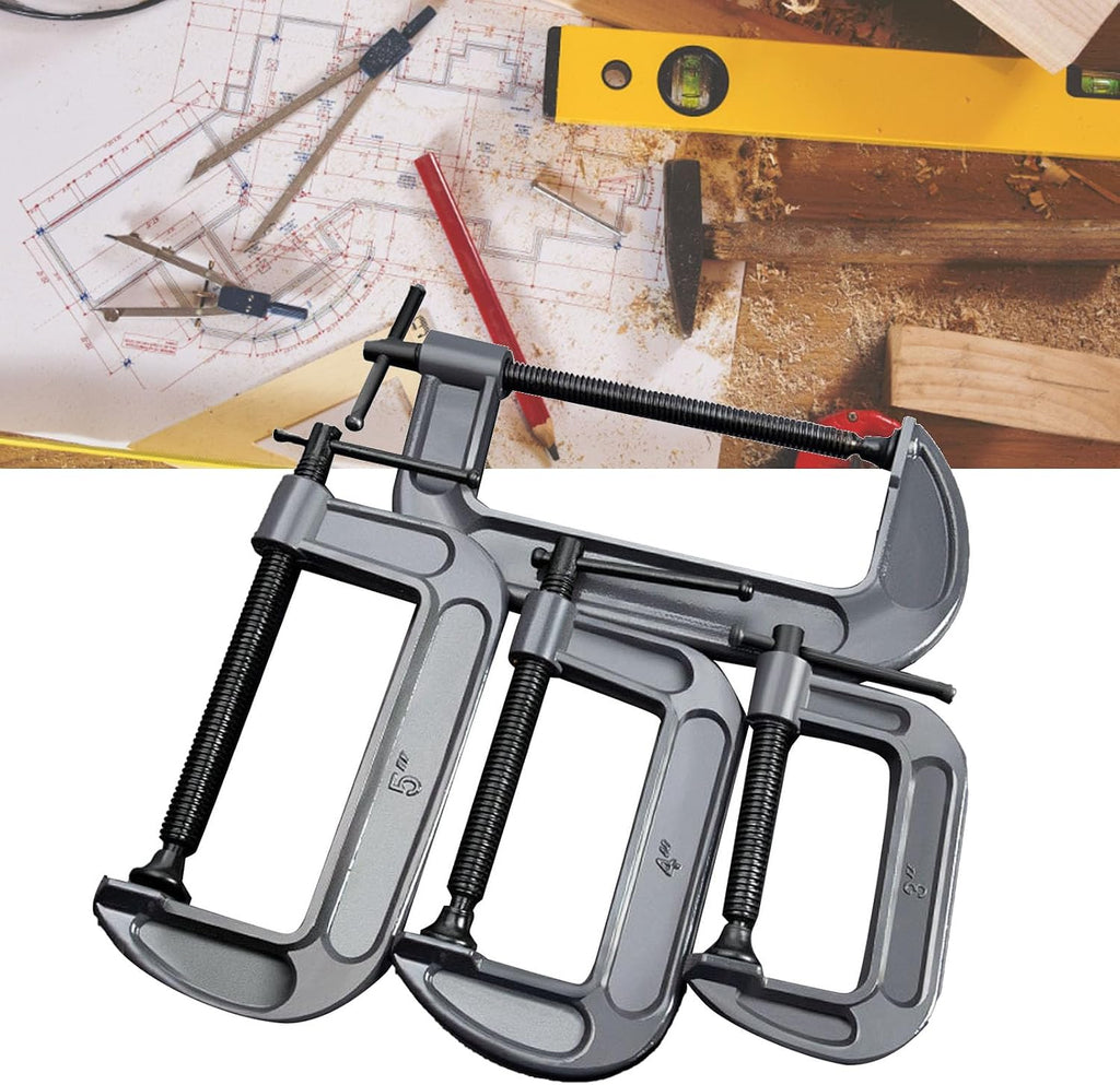4 Piece Heavy Duty Steel C Clamp Set, Versatile 3in, 4in, 6in, 8in Clamps with Sliding T Handle and Grip, Mini Tiger Clamps for Woodworking, Welding, Building, Multiple Tasks (Industrial
