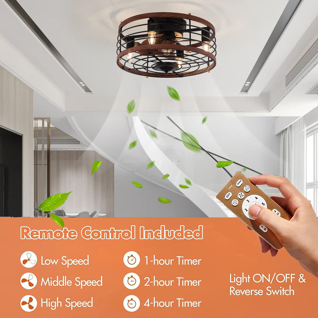 18' Caged Ceiling Fan with Light Flush Mount, Modern Farmhouse Fandelier with Timer & Control, 3-Speed, Ceiling Fan Light Fixture for Kitchen Bedroom Office Dark Brown 110V E26*4