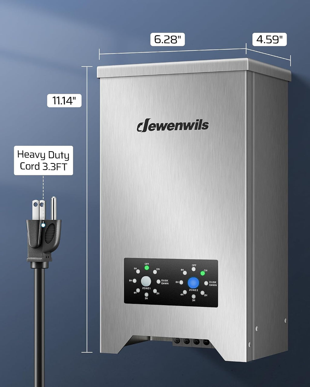 DEWENWILS 300W Low Voltage Landscape Transformer 2-Zone, Stainless Steel Landscape Lighting Transformer with Photocell Sensor & Countdown Timer, 120V AC to 12V/15V AC, Weatherproof for Outdoor Lights