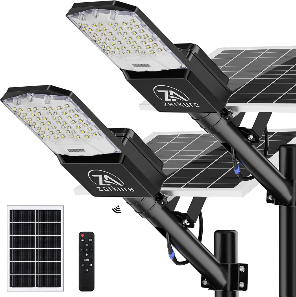 9500W Solar Street Lights Outdoor, 2PCS 40000mAh IP67 Waterproof Solar Security Flood Lights 7000K 450000LM Bright LED Beads Commercial Parking Light with Remote Control for Street, Court, Barn-Black