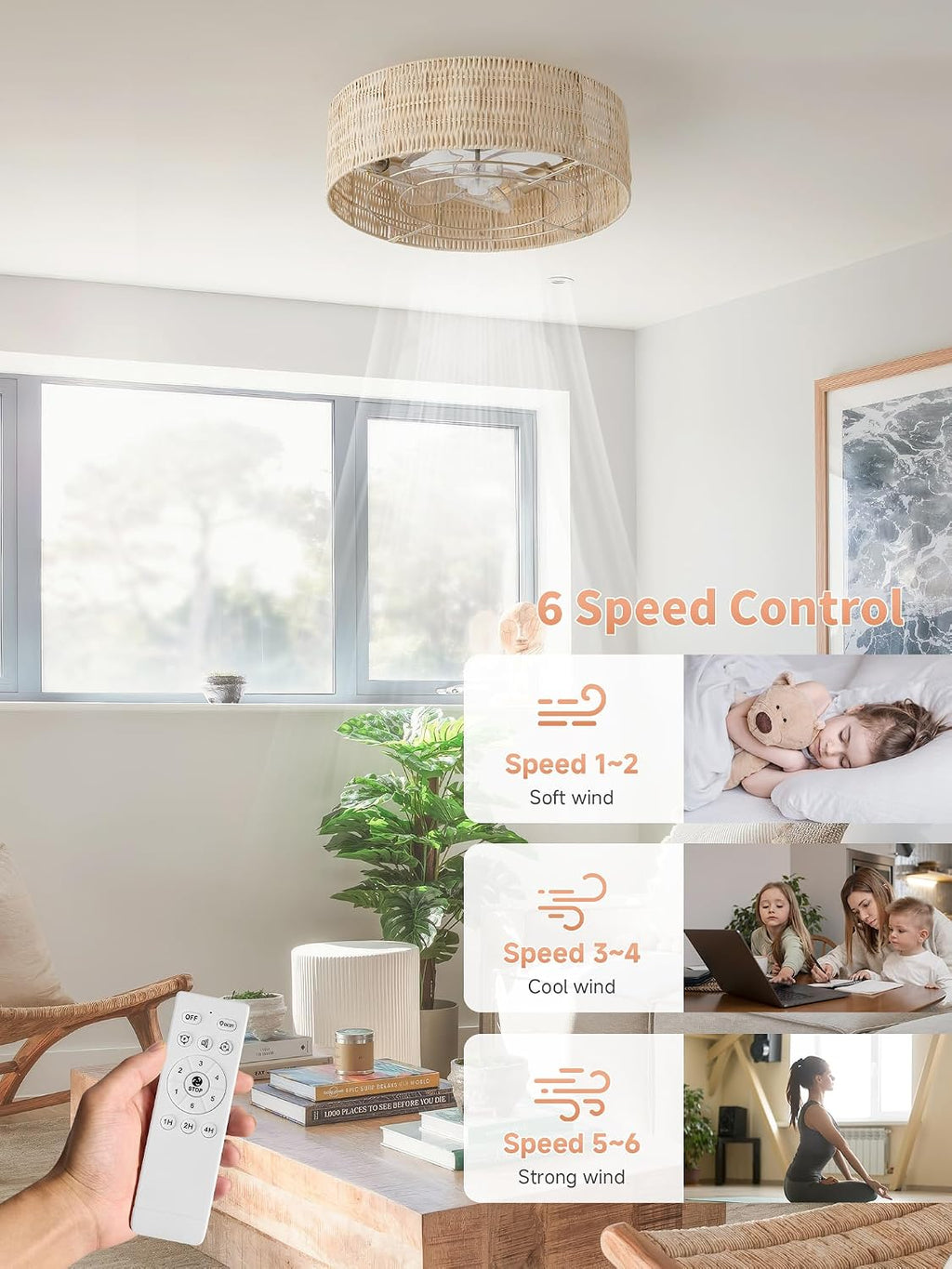 Caged Ceiling Fans with Lights Flush Mount, 20' Rattan Boho Ceiling Fan with Light Remote Control, Enclosed with 6 Speeds for Bedroom, Nursery, Living Room (Beige)