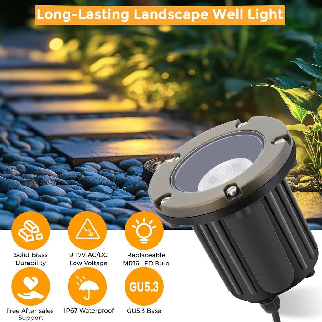 Gardencoin Brass Low Voltage Landscape Well Lights (5' Cover, 5.5' Tall), 12V LED Wired In-Ground Outdoor Up Lighting Fixture Waterproof, Adjustable Beam Direction Base, Without MR16 Bulb (4 Pack)