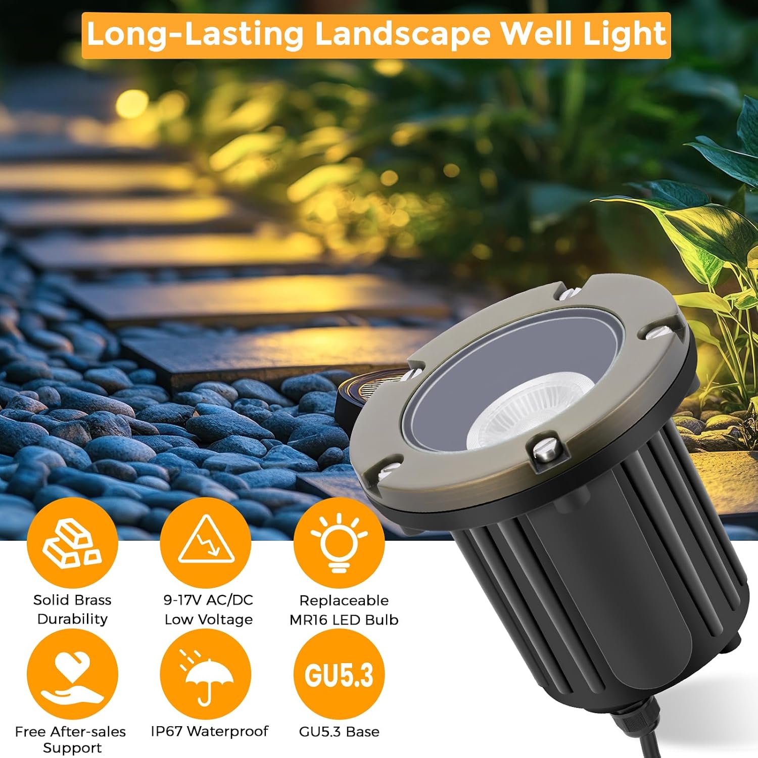 Gardencoin Brass Low Voltage Landscape Well Lights (5' Cover, 5.5' Tall), 12V LED Wired In-Ground Outdoor Up Lighting Fixture Waterproof, Adjustable Beam Direction Base, Without MR16 Bulb (4 Pack)