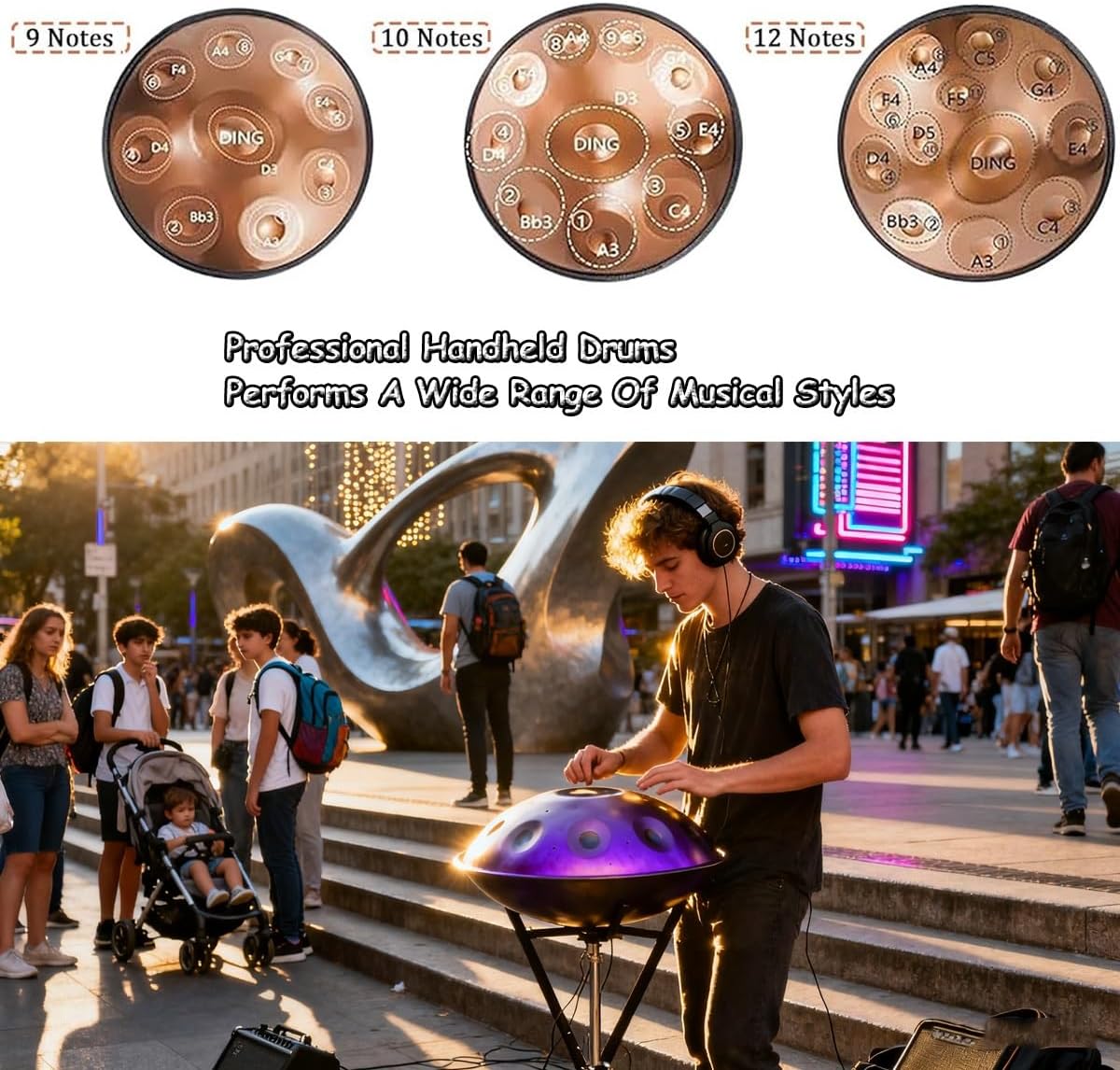 Handpan Drums In D Minor, 440hz 22inches Hand Drum Set With Backpack, Courses, Stand, Cleaning Cloth, And Two Mallets Percussion Instruments Tunable(Gold,9)