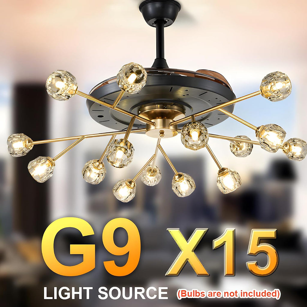 42' Modern Retractable Chandelier Ceiling Fan and Remote, Elegant Black 15-Light Fandelier Ceiling Fan with Reversible Blades 6 Speeds Silent Motor for Living Dinning Room