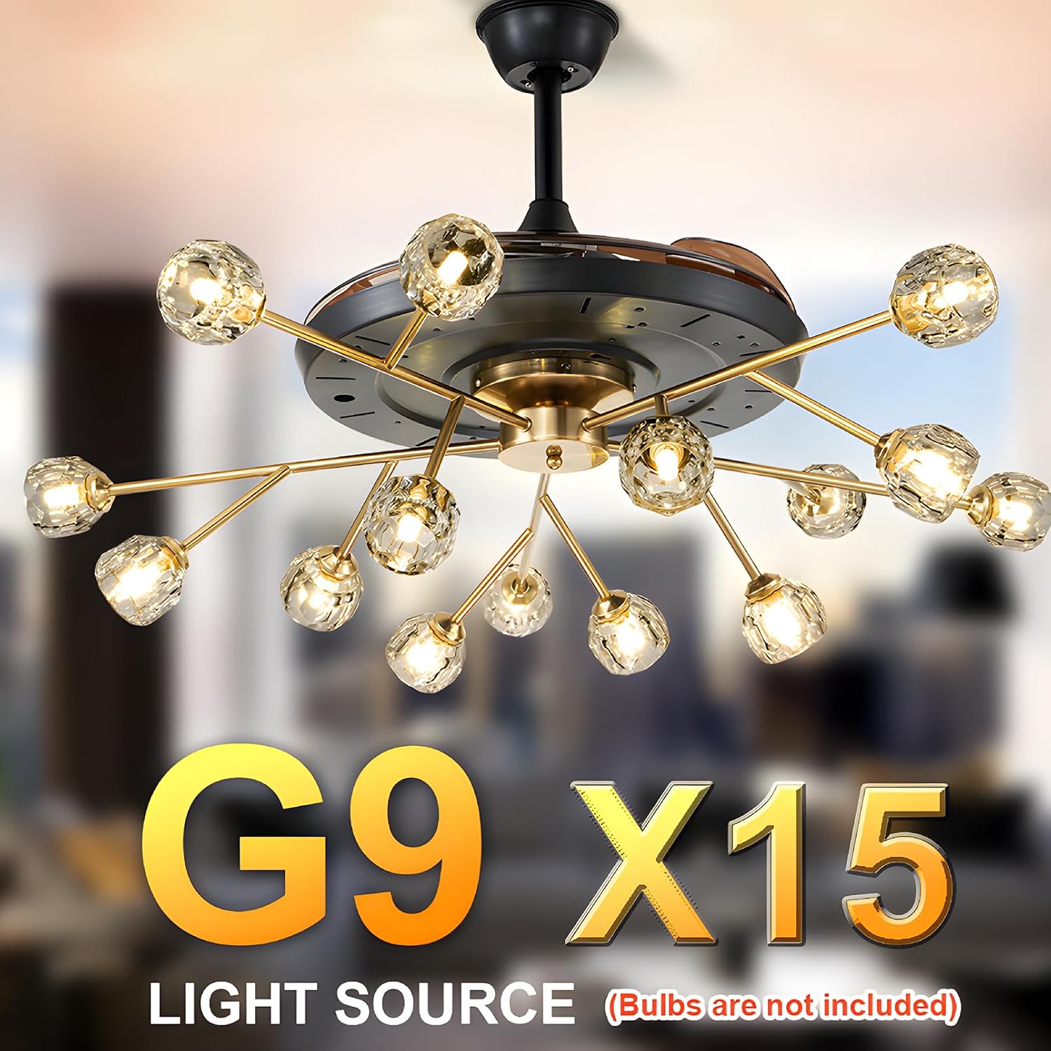 42' Modern Retractable Chandelier Ceiling Fan and Remote, Elegant Black 15-Light Fandelier Ceiling Fan with Reversible Blades 6 Speeds Silent Motor for Living Dinning Room